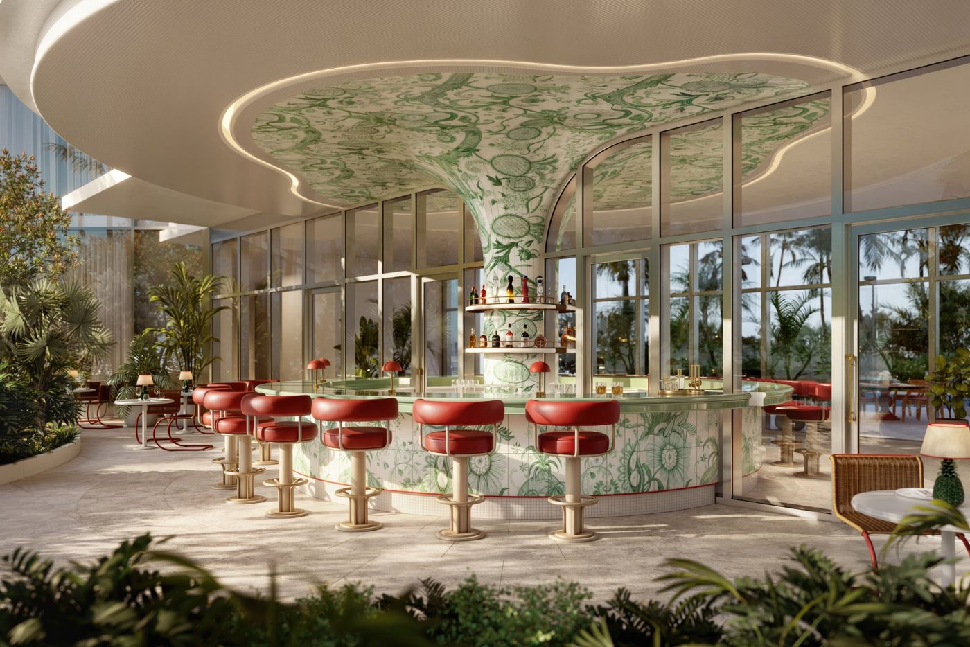 Garden bar with green botanical tile and red leather stools
