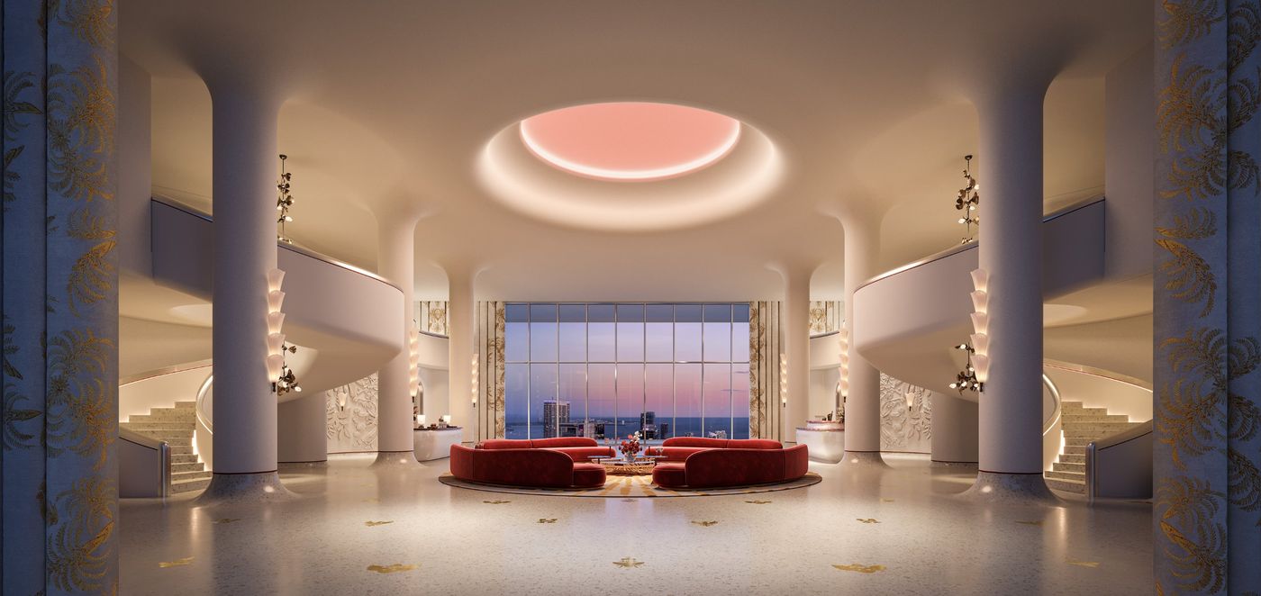 Double-height hall with twin curved staircases and a glowing oculus