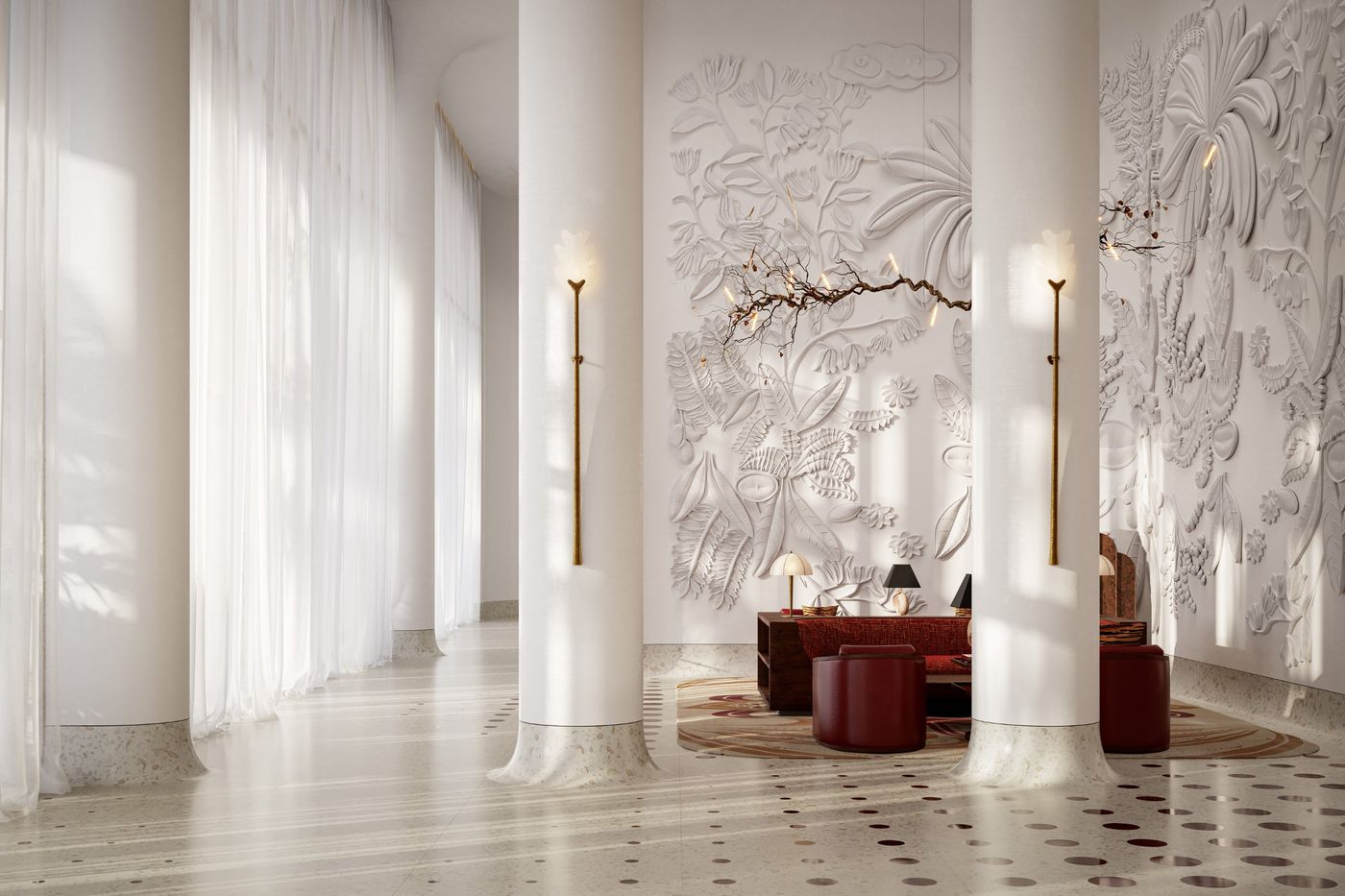 Lounge among white columns and botanical relief walls