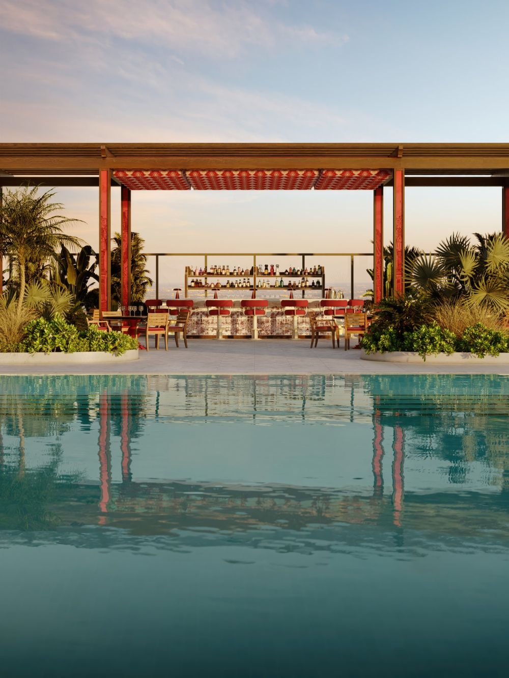 Pool bar beneath a red patterned pergola