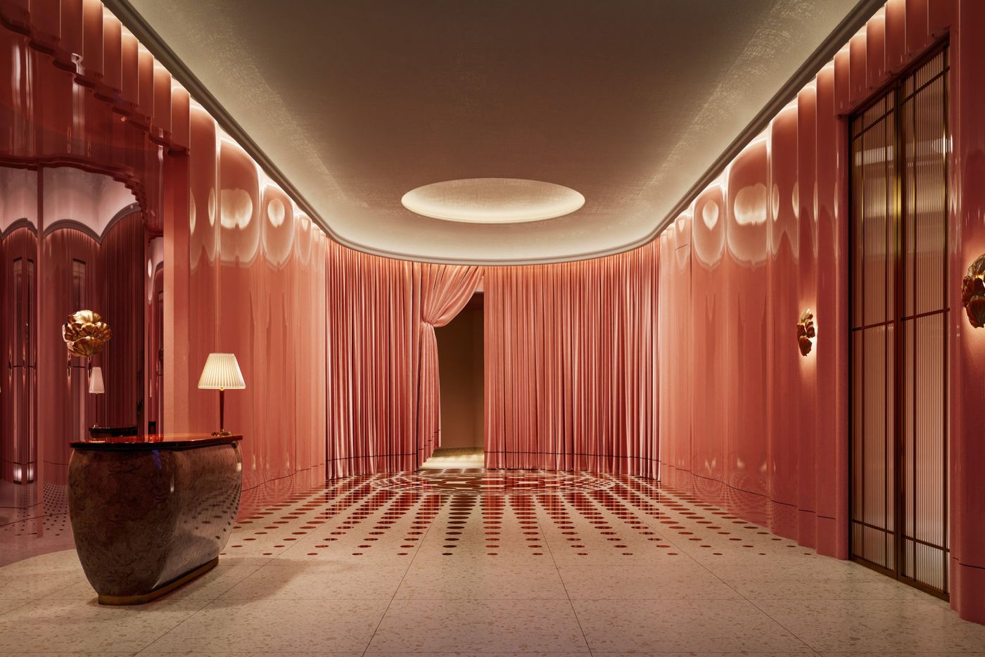 Reception lined in pink lacquer and velvet curtains